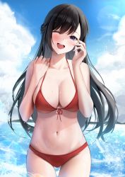 Rule 34 | 1girl, ;d, bare arms, bare shoulders, bikini, black hair, blue sky, blush, breasts, cleavage, cloud, cloudy sky, commentary request, cowboy shot, day, front-tie top, halterneck, hands up, happy, highres, large breasts, long hair, looking at viewer, navel, ocean, one eye closed, open mouth, original, outdoors, po ppe, purple eyes, red bikini, sky, smile, solo, stomach, string bikini, swept bangs, swimsuit, teeth, upper teeth only, water, wet