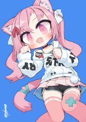 Rule 34 | 1girl, :3, animal ear fluff, animal ears, artist name, black choker, black shorts, blue background, blush, cat ears, cat girl, cat tail, choker, collarbone, commentary, dolphin shorts, drawstring, fangs, highres, hood, hoodie, long sleeves, looking at viewer, miniskirt, nanatsuta, open mouth, original, paw pose, pink eyes, pink hair, pink skirt, pink thighhighs, pleated skirt, ribbon, short shorts, shorts, signature, simple background, skirt, sleeves past wrists, solo, tail, tail ornament, tail ribbon, thighhighs, twintails, white hoodie