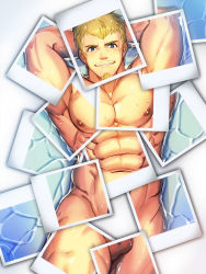 Rule 34 | 1boy, abs, armpits, arms behind head, bara, blonde hair, blush, completely nude, facial hair, feet out of frame, goatee, male focus, mature male, muscular, muscular male, navel, nipples, nude, original, pectorals, short hair, sideburns, smile, solo, stomach, testicle peek, thick thighs, thighs, waku (ayamix)