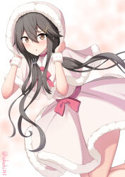 Rule 34 | 1girl, akahi242, alternate costume, black hair, blush, brown eyes, capelet, dress, feet out of frame, hair between eyes, hair ornament, haruna (kancolle), highres, kantai collection, long hair, looking at viewer, parted lips, solo, twitter username, white capelet, white dress, wrist cuffs, x hair ornament