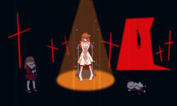 Rule 34 | 2girls, aged down, asphyxiation, bandages, brown hair, chair, cross, crying, depressed, doll, dress, dual persona, eyepatch, hair ornament, hairclip, hanged, highres, injury, long hair, mother and daughter, multiple girls, neon genesis evangelion, noose, rain, shadow, sitting, souryuu asuka langley, spotlight, yellow dress