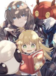 Rule 34 | 1boy, 1girl, aged down, ahoge, artoria caster (fate), artoria pendragon (fate), blonde hair, blue eyes, book, bug, caterpillar, crown, fate/grand order, fate (series), green eyes, heart, highres, insect, moth, oberon (fate), oberon (third ascension) (fate), sparkling eyes, spoilers, totatokeke, wavy mouth