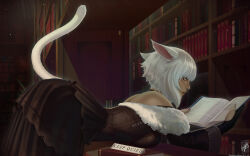 Rule 34 | 1girl, animal ears, bent over, black dress, book, bookshelf, cat ears, cat tail, dark-skinned female, dark skin, desk, dress, final fantasy, final fantasy xiv, gloves, highres, holding, holding book, library, looking at viewer, miqo&#039;te, open book, partially fingerless gloves, reading, short hair, solo, tail, themaestronoob, white hair, y&#039;shtola rhul
