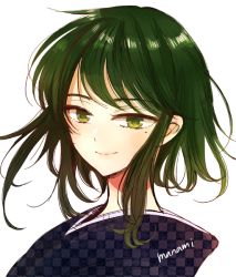 Rule 34 | 1girl, closed mouth, commentary request, green eyes, green hair, himawari-san, japanese clothes, kimono, lips, looking at viewer, medium hair, meigetsu yuu, signature, simple background, smile, solo, sugano manami, unmoving pattern, upper body, white background