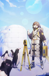 Rule 34 | 1girl, :d, animal, ankleband, arknights, bird, black coat, black footwear, black pants, blue sky, brown hair, caebeans, coat, day, full body, highres, holding, ice skates, igloo, infection monitor (arknights), lens flare, magallan (arknights), mask, mask around neck, medium hair, multicolored coat, multicolored hair, open mouth, outdoors, pants, penguin, raised eyebrows, respirator, rhine lab logo, skates, sky, smile, snow, snow shelter, solo, standing, streaked hair, teeth, theodolite, two-tone coat, upper teeth only, white coat, white hair, yellow eyes