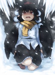 Rule 34 | 1girl, bird wings, black hair, black wings, blush, commentary request, feathered wings, feathers, geta, hat, highres, lotus eaters, motion blur, open mouth, pointy ears, pom pom (clothes), red eyes, scarf, shameimaru aya, shirosato, short hair, skirt, snow, snowing, solo, tengu-geta, tokin hat, touhou, wings, yellow scarf