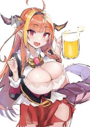 Rule 34 | 1girl, ahoge, alcohol, beer, beer mug, black bow, black hairband, black jacket, blonde hair, blunt bangs, blush, bow, bowtie, braid, breasts, brooch, cleavage, cleavage cutout, clothing cutout, collared shirt, commentary request, cowboy shot, cup, dragon girl, dragon horns, dragon tail, fangs, gem, hair ornament, hairband, hands up, highres, hip vent, holding, holding cup, hololive, horn bow, horn ornament, horns, jacket, jewelry, kiryu coco, kiryu coco (1st costume), large breasts, long hair, looking at viewer, mug, multicolored eyes, multicolored hair, open mouth, orange hair, pointy ears, purple eyes, red eyes, red skirt, scales, shirt, side-tie skirt, simple background, single braid, skin fangs, skirt, smile, solo, streaked hair, striped, tail, uouokuma, virtual youtuber, white bow, white shirt