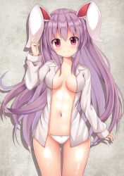 Rule 34 | 1girl, absurdres, animal ears, blush, breasts, commentary request, cowboy shot, grey background, hand up, highres, long hair, long sleeves, looking at viewer, medium breasts, navel, open clothes, open shirt, panties, purple hair, rabbit ears, red eyes, reisen udongein inaba, shadow, shiny skin, shirt, sidelocks, smile, solo, stomach, suigetsu (watermoon-910), thighs, touhou, underwear, very long hair, white panties, white shirt