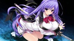 Rule 34 | 1girl, arm under breasts, black background, blush, bow, bowtie, breasts, game cg, hair bow, holding, holding sword, holding weapon, katana, kokorone=pendulum!, large breasts, long hair, looking at viewer, purple eyes, purple hair, red skirt, shiny skin, skirt, solo, stance, sword, tatewaki chihaya, thighhighs, weapon