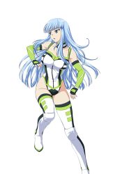 Rule 34 | 1girl, artist request, bare shoulders, blue eyes, blue hair, blunt bangs, boots, breasts, cleavage, collarbone, elbow gloves, gloves, leotard, looking to the side, nakatsui tamaki, official art, parted lips, ring dream, solo, thigh boots, thighhighs, transparent background, wrestling outfit