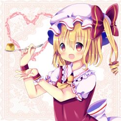 Rule 34 | 1girl, ascot, back bow, blonde hair, bow, breasts, chocolat (momoiro piano), collared shirt, fang, flandre scarlet, food, frilled shirt collar, frills, hair between eyes, hat, heart, holding, holding spoon, large bow, mob cap, one side up, open mouth, pudding, puffy short sleeves, puffy sleeves, red eyes, red vest, shirt, short sleeves, skin fang, small breasts, solo, spoon, touhou, upper body, vest, white bow, white hat, white shirt, wrist cuffs, yellow ascot