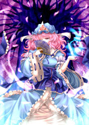 Rule 34 | 1girl, archienemy, arm ribbon, blue dress, bug, butterfly, cherry blossoms, covering privates, covering face, dress, hand fan, female focus, hat, bug, long hair, petals, pink eyes, pink hair, plant, ribbon, saigyouji yuyuko, solo, touhou, tree, wink