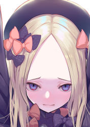 Rule 34 | 1girl, abigail williams (fate), black bow, black hat, blonde hair, blue eyes, blush, bow, commentary request, eyebrows, eyelashes, fate/grand order, fate (series), forehead, hair bow, hat, long sleeves, looking at viewer, multiple hair bows, orange bow, polka dot, polka dot bow, solo, tears, ursica, white background