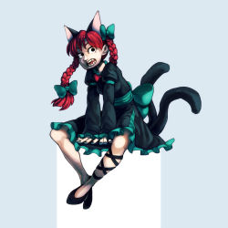 Rule 34 | 1girl, animal ears, between legs, black eyes, blue background, bow, braid, cat ears, cat tail, commentary request, dress, extra ears, fangs, feet together, fingernails, hair bow, hand between legs, juliet sleeves, kaenbyou rin, knees apart feet together, leaning forward, leg ribbon, long sleeves, looking at viewer, multiple tails, nail polish, nappooz, nekomata, own hands together, puffy sleeves, red hair, ribbon, sash, simple background, sitting, sleeves past wrists, solo, spread legs, tail, touhou, twin braids