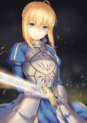 Rule 34 | 1girl, ahoge, armor, artoria pendragon (fate), bad id, bad pixiv id, blonde hair, blurry, breastplate, excalibur (fate/stay night), fate/stay night, fate (series), female focus, gauntlets, green eyes, hair in own mouth, highres, juliet sleeves, long sleeves, looking at viewer, puffy sleeves, saber (fate), short hair, sidelocks, solo, sword, weapon, yizhirenben