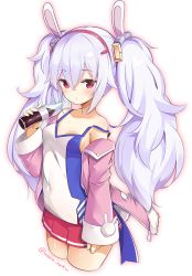 Rule 34 | 1girl, animal ears, azur lane, blush, bottle, camisole, commentary request, cowboy shot, cropped legs, fake animal ears, hair between eyes, hairband, holding, holding bottle, jacket, laffey (azur lane), long hair, long sleeves, looking at viewer, off shoulder, pink jacket, pleated skirt, rabbit ears, red eyes, red skirt, rokushou kokuu, simple background, skirt, solo, strap slip, twintails, twitter username, white background, white hair