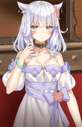 Rule 34 | &gt;:(, 1girl, 5ya, animal ears, bare shoulders, breasts, cat ears, choker, cleavage, dress, earrings, facial mark, final fantasy, final fantasy xiv, frown, gem, grey hair, hair ornament, hand in own hair, hand up, highres, jewelry, large breasts, looking at viewer, miqo&#039;te, puffy short sleeves, puffy sleeves, purple eyes, ribbon, short sleeves, slit pupils, solo, standing, v-shaped eyebrows