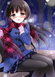 Rule 34 | 1girl, :d, absurdres, bench, black pantyhose, blush, bow, brown eyes, brown hair, full-face blush, giving, gloves, highres, jacket, long hair, looking at viewer, open mouth, original, pan (mimi), pantyhose, pink gloves, plaid, plaid scarf, plaid skirt, religious offering, scarf, sitting, skirt, smile, snowing, solo, tree, very long hair