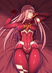 Rule 34 | 10s, 1girl, bed sheet, bodysuit, breasts, covered navel, darling in the franxx, green eyes, highres, hiroyuki koto, horns, long hair, looking at viewer, lying, medium breasts, on back, pink hair, red theme, solo, tongue, tongue out, zero two (darling in the franxx)