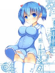 Rule 34 | 1girl, adapted costume, alternate costume, bad id, bad pixiv id, blue eyes, blue hair, blush, breasts, clothes lift, dress, hair bobbles, hair ornament, impossible clothes, impossible dress, kawashiro nitori, large breasts, long sleeves, looking at viewer, matching hair/eyes, no headwear, panties, pantyshot, short hair, short twintails, skirt, skirt lift, solo, striped clothes, striped panties, thighhighs, touhou, twintails, underwear, upskirt, white thighhighs, wind, wind lift, zettai ryouiki
