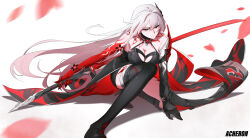 Rule 34 | 1girl, absurdres, acheron (honkai: star rail), asymmetrical footwear, black choker, black coat, black gloves, black shorts, body markings, boots, breasts, character name, choker, cleavage, coat, coattails, detached sleeves, gloves, highres, holding, holding sword, holding weapon, honkai: star rail, honkai (series), joihon, kneeling, leg tattoo, long hair, midriff, navel, official alternate color, official alternate hair color, on one knee, petals, red eyes, short shorts, shorts, simple background, single bare shoulder, solo, stomach, sword, tattoo, thigh boots, weapon, white hair