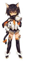 Rule 34 | 1girl, absurdres, animal ears, black hair, blade, blade (galaxist), blush, cat ears, cat girl, cat tail, covering own mouth, dagger, fingerless gloves, full body, gloves, highres, holster, knife, long sleeves, official art, pleated skirt, pop-up story, ribbon, scarf, short hair, skirt, sleeve cuffs, slit pupils, solo, suzuna isurugi, tail, tail ornament, tail ribbon, thigh holster, thighhighs, transparent background, weapon, yellow eyes