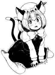 Rule 34 | 1girl, absurdres, animal ears, barefoot, bow, bowtie, bright pupils, cat ears, cat girl, cat tail, chen, fangs, frilled skirt, frills, full body, hat, high contrast, highres, himajin noizu, looking at viewer, mob cap, multiple tails, nekomata, open mouth, shirt, short hair, simple background, sitting, skirt, solo, tail, touhou, two tails, wariza