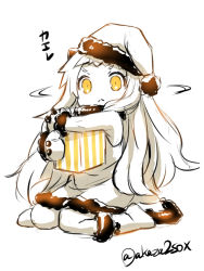 Rule 34 | 10s, 1girl, akaza, box, gift, gift box, hat, hugging object, kantai collection, looking at viewer, mittens, monochrome, northern ocean princess, santa costume, santa hat, shaking head, sitting, solo, spot color, translated, wariza, white mittens, yellow eyes