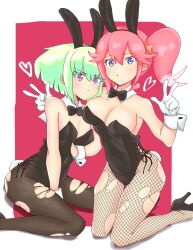 Rule 34 | 1boy, 1girl, :&lt;, aina ardebit, animal ears, black bow, black bowtie, black leotard, blue eyes, border, bow, bowtie, breasts, bunny day, cleavage, commentary request, detached collar, double v, fake animal ears, fake tail, fishnets, gloves, green hair, high heels, highres, kneeling, large breasts, leotard, lio fotia, male playboy bunny, pantyhose, pink background, pink eyes, pink hair, playboy bunny, promare, short hair, side-tie leotard, side ponytail, strapless, strapless leotard, tail, thighs, torn clothes, torn pantyhose, trap, user ksur8455, v, variant set, white border, white gloves, wrist cuffs