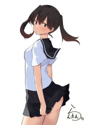 Rule 34 | 1girl, absurdres, alternate costume, alternate hairstyle, artist logo, artist name, ass, black eyes, black hair, black sailor collar, black skirt, cowboy shot, from behind, highres, kaga (kancolle), kantai collection, lanthan, looking at viewer, looking back, one-hour drawing challenge, pleated skirt, sailor collar, school uniform, serafuku, shirt, simple background, skirt, solo, twintails, white background, white shirt