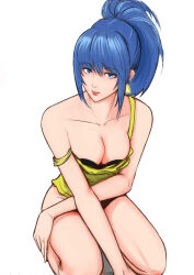 Rule 34 | 1girl, arm on thigh, bare arms, bare shoulders, blue eyes, blue hair, breasts, cleavage, collarbone, earrings, highres, jewelry, leona heidern, looking at viewer, medium breasts, no pants, ponytail, reavernk, sitting, solo, strap slip, tank top, the king of fighters, triangle earrings