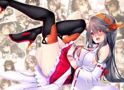 Rule 34 | 1girl, :d, anniversary, bare shoulders, black footwear, blush, boots, breasts, brown eyes, commentary request, from side, grey hair, hair between eyes, hair ornament, hairclip, haruna (kancolle), headgear, high heel boots, high heels, highres, kantai collection, large breasts, legs up, long hair, looking at viewer, lying, nontraditional miko, on back, open mouth, pleated skirt, red skirt, ribbon-trimmed sleeves, ribbon trim, skirt, smile, solo, thigh boots, thighhighs, tsukui kachou