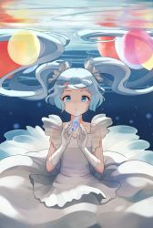Rule 34 | 1girl, absurdres, blue eyes, blue hair, collarbone, dress, elbow gloves, gloves, hands up, hatsune miku, highres, levi9452, long hair, parted lips, see-through, sleeveless, sleeveless dress, solo, treble clef, twintails, underwater, very long hair, vocaloid, water, white dress, white gloves
