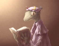 Rule 34 | 1girl, animal, animalization, book, bow, brown background, clothed animal, commentary, cosplay, crescent, crescent moon, dress, female focus, gecko, hat, lizard, long sleeves, mob cap, moon, nekoguruma, no humans, open book, patchouli knowledge, patchouli knowledge (cosplay), pun, reading, ribbon, simple background, slit pupils, solo, touhou, what