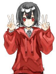 Rule 34 | 1984 (artist), 1girl, black hair, blush, closed mouth, double w, hair ornament, hairclip, hands up, highres, hood, hoodie, long sleeves, looking at viewer, original, red eyes, red hoodie, short hair, simple background, solo, upper body, w, white background