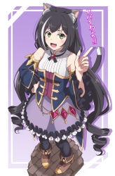 Rule 34 | 1girl, absurdres, animal ear fluff, animal ears, black hair, black pantyhose, black ribbon, black sleeves, boots, brooch, brown footwear, cat ears, cat tail, commentary, detached sleeves, dress, drill hair, fang, frilled dress, frilled sleeves, frills, green eyes, hand on own hip, high collar, highres, index finger raised, jewelry, karyl (princess connect!), kyoukyan, long hair, looking at viewer, low twintails, medium dress, multicolored hair, neck ribbon, open mouth, pantyhose, princess connect!, purple dress, ribbon, shadow, sleeveless, sleeveless dress, smile, solo, standing, streaked hair, tail, translated, twintails, very long hair