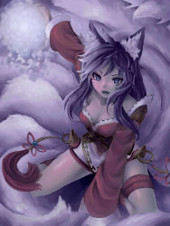 Rule 34 | &gt;:o, 1girl, :o, ahri (league of legends), akuma akatsukii, animal ears, attack, bare shoulders, black hair, blue eyes, breasts, cleavage, collarbone, detached sleeves, facial mark, fox ears, fox tail, frown, highres, korean clothes, league of legends, long hair, looking at viewer, magic, multiple tails, open mouth, outstretched arm, serious, slit pupils, solo, tail, upper body, v-shaped eyebrows, whisker markings