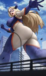 Rule 34 | 1girl, absurdres, ass, blonde hair, blue sky, blurry, blurry foreground, bodysuit, boku no hero academia, breasts, commentary request, day, domino mask, from below, giant, giantess, highres, horns, large breasts, long hair, looking at viewer, looking back, mask, mount lady, open mouth, purple eyes, skin tight, sky, solo, thighs, yoshio (55level)