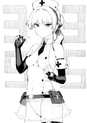 Rule 34 | 1girl, absurdres, bare shoulders, belt, belt pouch, blue archive, blush, breasts, bun cover, closed mouth, double v, elbow gloves, fingerless gloves, gloves, greyscale, hai ookami, hat, highleg, highleg leotard, highres, leotard, looking at viewer, monochrome, necktie, nurse, nurse cap, pouch, ribbon, see-through, see-through skirt, short hair, skirt, small breasts, solo, toki (blue archive), v