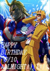 Rule 34 | all might, alternate form, black sclera, blonde hair, blue eyes, blue sky, boku no hero academia, bouquet, cheering, colored sclera, flower, grin, happy birthday, highres, light rays, male focus, mature male, muscular, muscular male, necktie, osutoraria (1ndi g0), pectorals, projected inset, skin tight, skinny, sky, smile, solo focus, striped, striped necktie, suit, sunbeam, sunlight, superhero costume, thumbs up, yellow suit