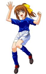 Rule 34 | 1girl, 2002 fifa world cup, :d, a1 (initial-g), adidas, blue socks, brown eyes, brown hair, hair ribbon, japan, kneehighs, open mouth, ponytail, ribbon, shirt, shoes, short hair, shorts, simple background, smile, soccer, soccer uniform, socks, solo, source request, sportswear, white background, world cup
