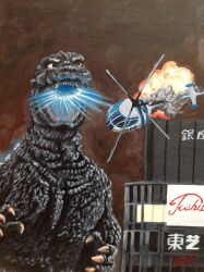 Rule 34 | absurdres, aircraft, building, dinosaur, energy, explosion, glowing, godzilla, godzilla (series), helicopter, highres, kaijuu, no humans, the return of godzilla, thermacabe, toho