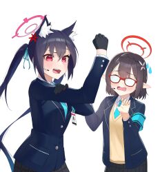 Rule 34 | 2girls, absurdres, anger vein, animal ear fluff, animal ears, armband, ayane (blue archive), black gloves, black hair, blue archive, blue armband, blue jacket, blue necktie, blush, cat ears, clenched hand, collared shirt, commentary request, cowboy shot, glasses, gloves, glow (user hnpv7785), halo, hand on own arm, hand up, headset, highres, jacket, korean commentary, long hair, looking at another, multiple girls, necktie, open clothes, open jacket, open mouth, plaid, plaid skirt, pointy ears, red-framed eyewear, red halo, serika (blue archive), shirt, short hair, simple background, skirt, standing, sweat, sweater, teeth, tongue, twintails, upper teeth only, very long hair, white background, yellow sweater