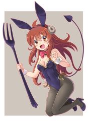 Rule 34 | 1girl, ahoge, animal ears, black pantyhose, blue footwear, blue leotard, bow, bowtie, breasts, brown eyes, brown hair, collarbone, commentary request, demon girl, demon tail, detached collar, fake animal ears, fang, fork, full body, hair between eyes, high heels, highres, horns, katahira masashi, leotard, long hair, looking at viewer, machikado mazoku, medium breasts, open mouth, oversized object, pantyhose, playboy bunny, rabbit ears, red bow, red bowtie, simple background, smile, solo, strapless, strapless leotard, tail, wrist cuffs, yoshida yuuko (machikado mazoku)
