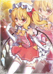 Rule 34 | 1girl, adapted costume, beni kurage, blonde hair, bow, bow legwear, bowtie, cowboy shot, crystal, elbow gloves, flandre scarlet, framed, gloves, hair between eyes, hair bow, hat, hat ribbon, highres, holding, looking at viewer, magical girl, mob cap, orange bow, orange bowtie, red bow, red eyes, red ribbon, red skirt, ribbon, skirt, smile, solo, standing, thighhighs, touhou, wand, white gloves, white hat, white thighhighs, wings, zoom layer