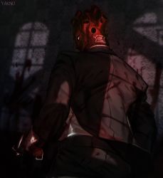 Rule 34 | 1boy, artist name, back, belt, blood, blood on clothes, blood on hands, blood on wall, dorohedoro, formal, hammer, highres, holding, holding hammer, looking at viewer, looking back, male focus, mask, mayak666, patterned, red eyes, red mask, solo, suit, teeth, window shadow