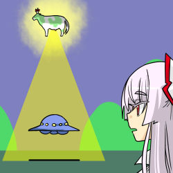 Rule 34 | 1girl, abduction, animalization, beam, bow, cow, energy, energy beam, female focus, floating, fujiwara no mokou, hair bow, hill, horn ornament, horn ribbon, horns, irony, kamishirasawa keine, long hair, looking at another, open mouth, red eyes, ribbon, role reversal, seki (red shine), silver hair, simple background, single horn, solo, touhou, ufo, what