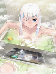 Rule 34 | 1girl, ;), bath, bathing, bathtub, blue eyes, blue hair, breasts, closed mouth, commentary request, convenient censoring, fang, fang out, flying sweatdrops, gari gari 1, gawr gura, hair between eyes, highres, hololive, hololive english, indoors, knees up, long hair, looking at viewer, multicolored hair, one eye closed, partially submerged, rubber duck, small breasts, smile, solo, steam, steam censor, streaked hair, tablet pc, virtual youtuber, water, white hair