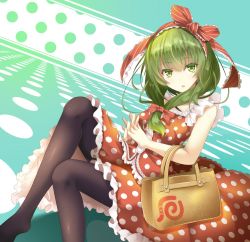 Rule 34 | 1girl, alternate costume, bag, black pantyhose, bow, breasts, commentary request, contemporary, dress shirt, feet out of frame, frilled ribbon, frills, front ponytail, gradient background, green eyes, green hair, hair bow, hair ribbon, handbag, interlocked fingers, kagiyama hina, long hair, looking at viewer, medium breasts, no shoes, open mouth, own hands clasped, own hands together, pantyhose, parted lips, polka dot, polka dot background, polka dot shirt, polka dot skirt, red bow, red ribbon, red shirt, red skirt, ribbon, shiroino (shirayuki mutsuki), shirt, skirt, skirt set, sleeveless, solo, thighhighs, touhou