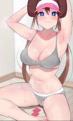 Rule 34 | 1girl, areola slip, arm behind head, armpits, arms up, blue eyes, bra, breasts, brown hair, condom, creatures (company), double bun, game freak, gatchan, grey bra, grey panties, hair bun, highres, large breasts, looking at viewer, mole, mole on breast, navel, nintendo, panties, partially visible vulva, pokemon, pokemon bw2, rosa (pokemon), sitting, solo, stomach, sweat, thighs, twintails, underwear, visor cap, wooden floor